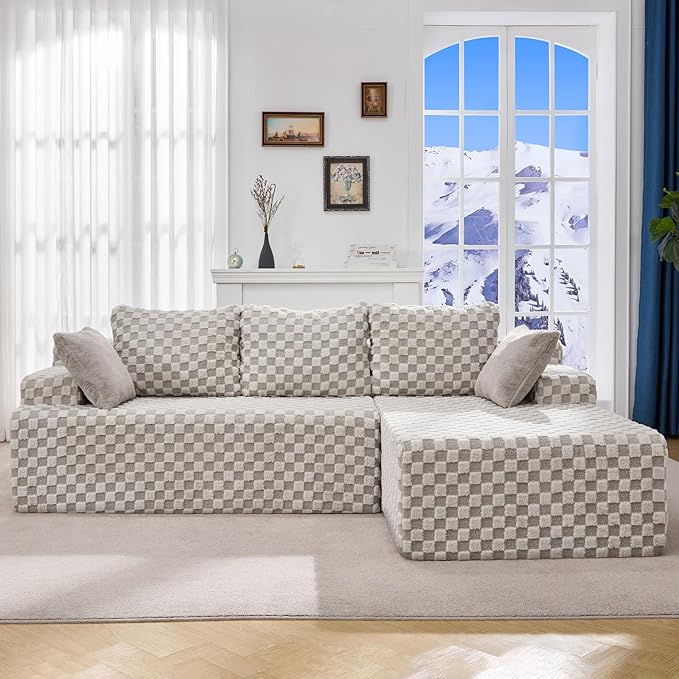 Hobestluk 96“ Modular Sectional Sofa Couches L-Shape Couch 3 Seat Modular Sofa Sectional Couches for Living Room, Cloud Couch with Oversized Chaise (Greygreen, Checked (Right Facing Chaise))-Ruum Studio Home