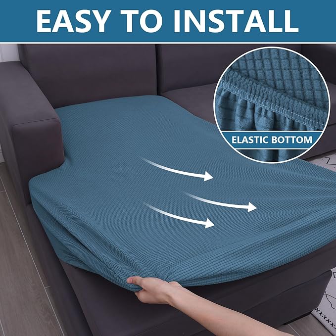 hyha Waterproof Sectional Couch Covers, Non Slip Sofa Couch Cushion Covers L Shape, Thick Stretch Jacquard Fabric, Washable Sofa Slipcovers with Elastic Bottom (1 Piece for Chaise XL, Blue)-Ruum Studio Home