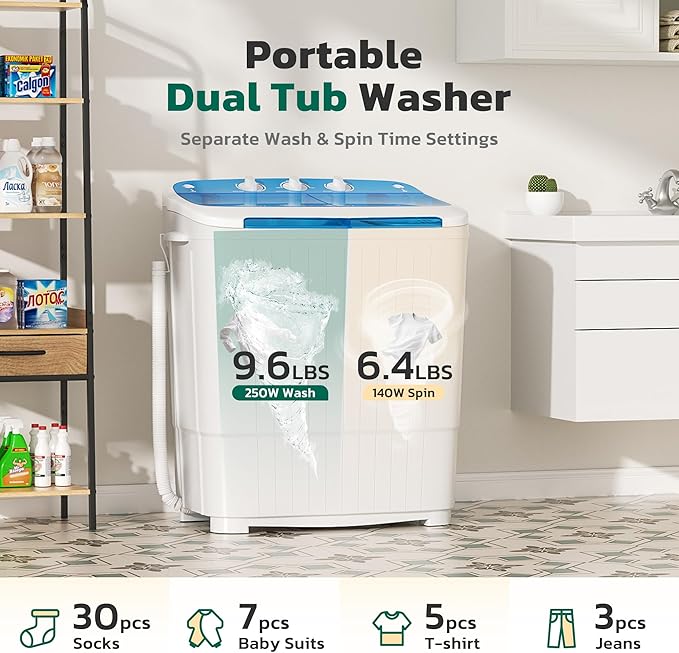 Greenvelly Portable Washing Machine, 16 Lbs Compact Mini Washer and Dryer Combo, Semi-automatic Twin Tub Washer with Drain Pump for Dorms, Apartments, RVs (Blue)-Ruum Studio Home