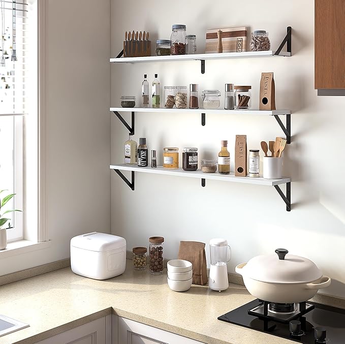Heimlove Floating Shelves for Wall, 36 Inch Long Wood Floating Bookshelf Set of 3, Wall Mounted Hanging Shelf for Bathroom Bedroom Kitchen, White-Ruum Studio Home