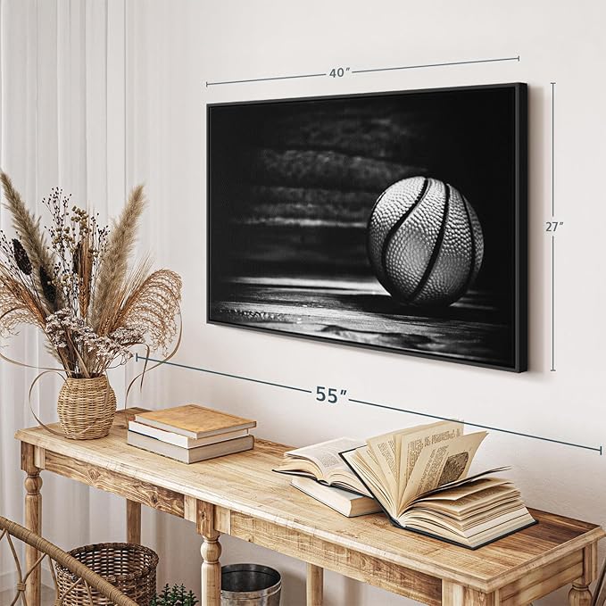 ElephantStock Basketball Wall Art - Horizontal Framed Canvas - 1-Piece Hallway Wall Decor - Photography sports Canvas Print - Black and Gray Decor for Wall - 40" X 27"-Ruum Studio Home