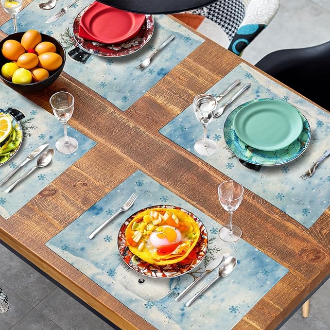 Blue Snowman Snowflake Winter Placemats Set of 4 Seasonal Christmas Linen Table Mats 12x18 Inch Xmas Holiday Snow Farmhouse Rustic Washable Place Mats for Party Kitchen Dining Outdoor Indoor Decor-Ruum Studio Home