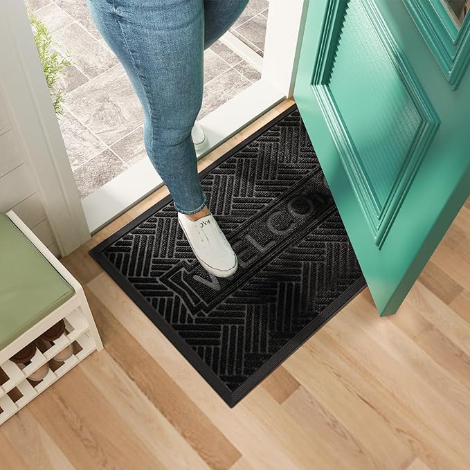 Mibao Front Door Mat Outside Entrance, Durable Outdoor Indoor Mat, Low Profile Heavy Duty Doormat, Non-Slip, Traps Dirt and Moisture, Easy Clean Patio Porch Entryway Mat, 36" x 24", Black-Ruum Studio Home