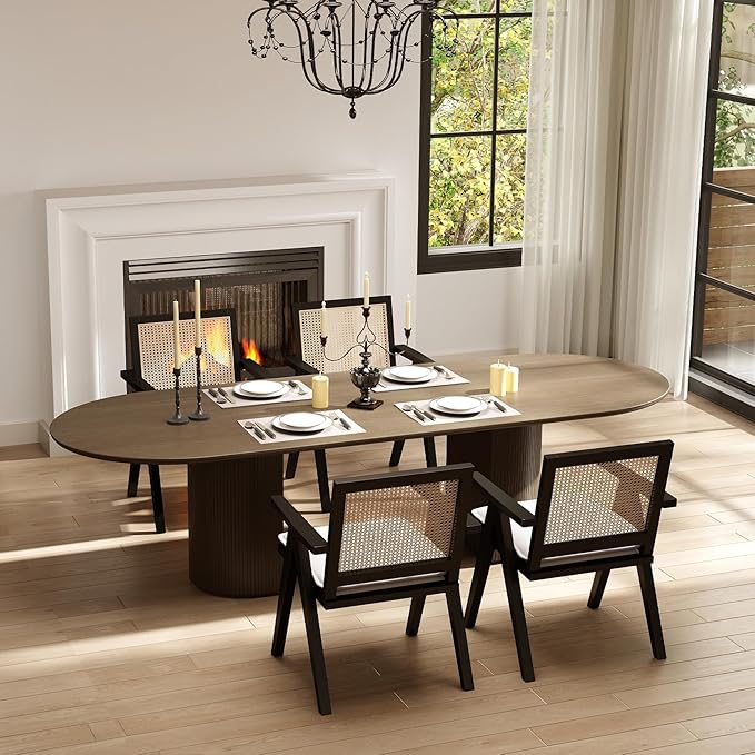 Rattan Dining Chairs Set of 4, Farmhouse Wicker Dining Chairs with Removable Linen Cushion Accent Cane Armchair for Dining Room Kitchen Restaurant, Black-Ruum Studio Home