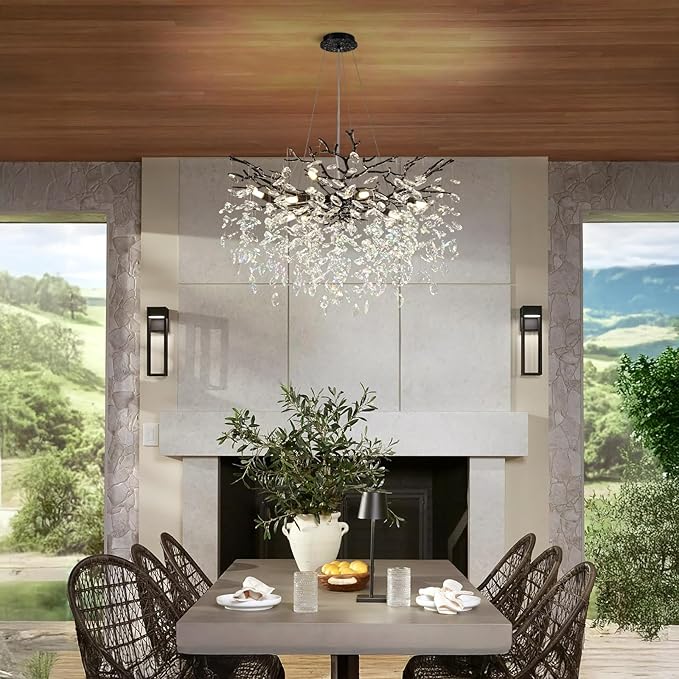 Modern Black Crystal Tree Branch Chandelier, 10-Light 30" Black K9 Crystal Chandeliers for Dining Room, Round Chandelier for Living Room,High Ceiling,Kitchen Island,Foyer,Staircase-Ruum Studio Home