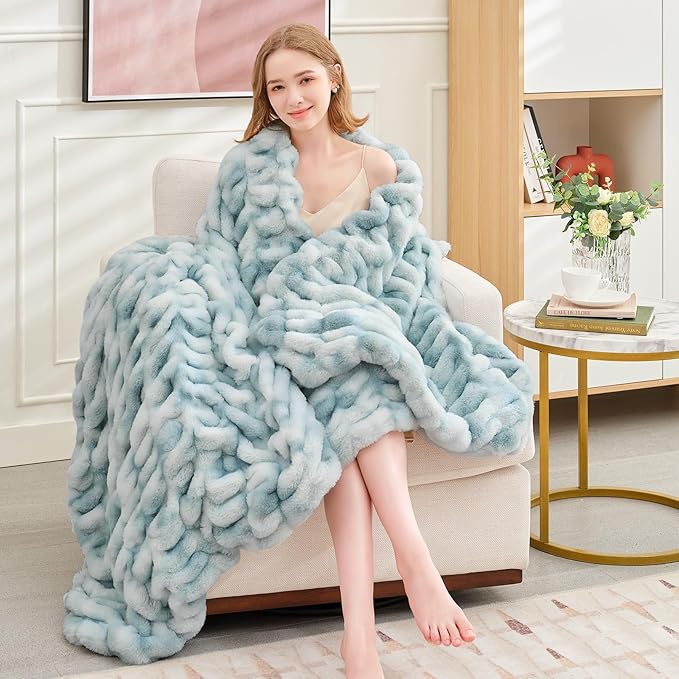 Ultra Soft Luxury Faux Fur Twin Blanket for Counch,Fuzzy Fluffy Plush Warm Cozy Elegant Wrinkled Blanket for Sofa Bedroom Living Room,（60"x80",Tie-dye Freshwater Blue）-Ruum Studio Home