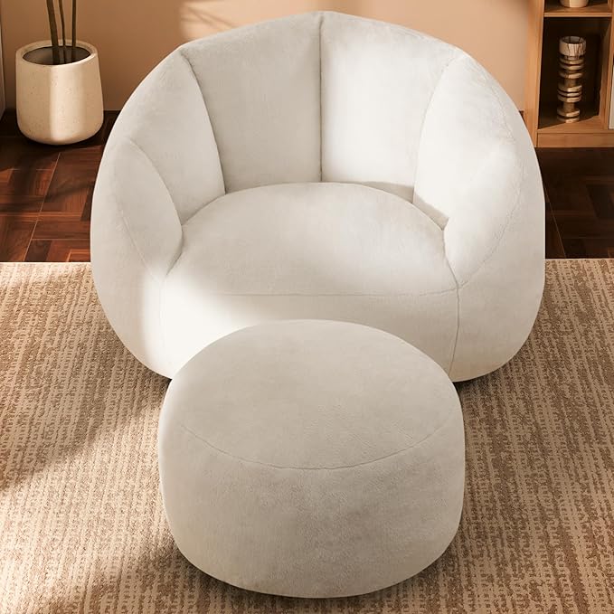 Giant Bean Bag Chaise Lounge Indoor Chair for Adults - Comfy Plush Round Shell Soft Accent Chair, Oversized Cozy Floor Sofa for Living Room, Bedroom & Game Rooms, Beige-Ruum Studio Home