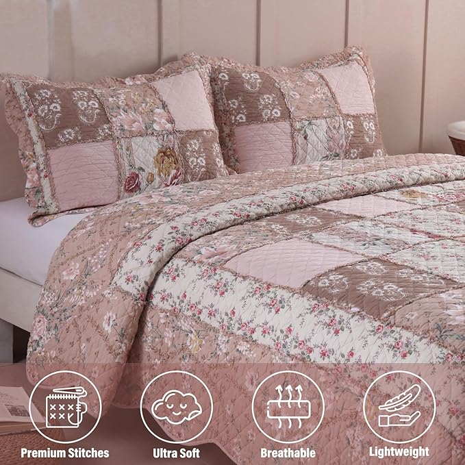 NEWLAKE Quilt Set Queen Size, Cotton Patchwork Pink Floral Quilt Sets, Real Stitched Embroidery Bedspread Lightweight and Breathable for All Seasons, Soft Quilted with 2 Pillow Shams-Ruum Studio Home