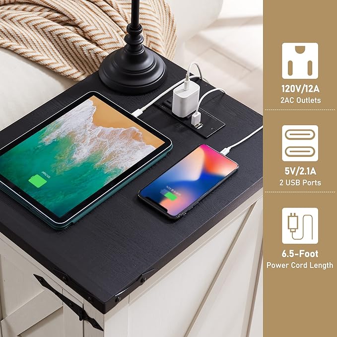 JXQTLINGMU Farmhouse Nightstand Set of 2 with Charging Station, 17" D Rectangular End Table with Barn Door & Adjustable Storage Shelf, Wood Rustic Sofa Side Table for Living Room, Bedroom, White-Ruum Studio Home