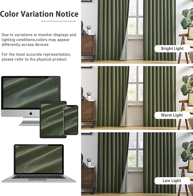 RAIN CITY 2 PCs Olive Green Linen Blackout Curtains 84 Inch Long for Living Room,Pinch Pleated Drape with Hooks Back Tab Boho Decor, Olive Forest Loden Full Black Out Curtains for Bedroom-Ruum Studio Home
