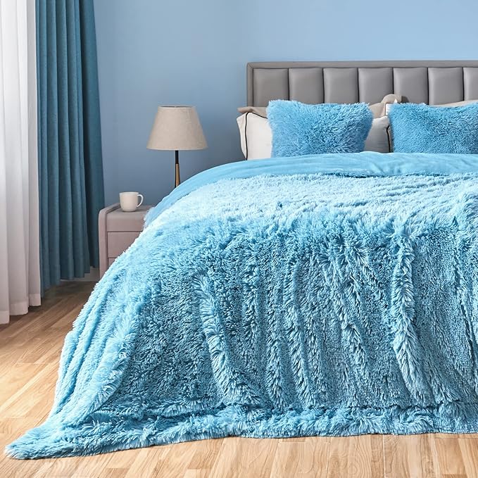 GONAAP Fuzzy Faux Fur Throw Blanket Queen Size Sky Blue Super Soft Cozy Plush Fuzzy Shaggy Blanket for Couch Sofa Bed (Sky Blue, Queen(90"x90"))-Ruum Studio Home