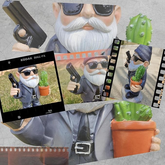 Gnome Decoration for Garden & Home - Professional Hitman Look Statue, Léon Inspired 8.7 Inch Resin Decor, Unique Outdoor Gift for Women/Men-Ruum Studio Home