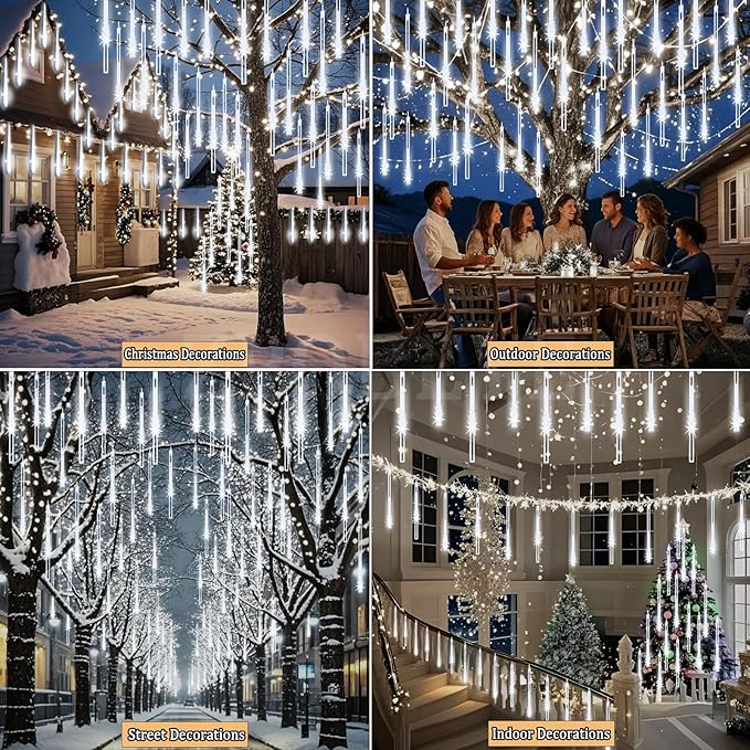 Meteor Shower Lights Christmas Lights Outdoor 24-Tube 576LEDs Snow Falling Rain Cascading Icicle Lights for Xmas Tree Christmas Decorations Wedding Party Holiday Garden Decor, UL Plug White-Ruum Studio Home