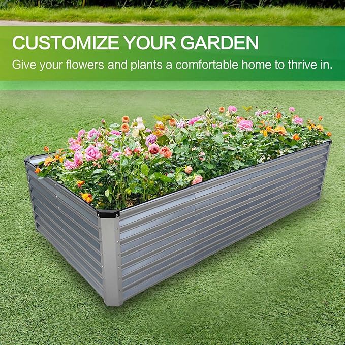 GARDMAX 8x4x2FT Galvanized Raised Garden Bed Kit, Metal Planter Boxes Outdoor with Easy Assembly, Large Garden Bed for Vegetables, Fruits, Flower, Herbs Rectangle Silver-Ruum Studio Home