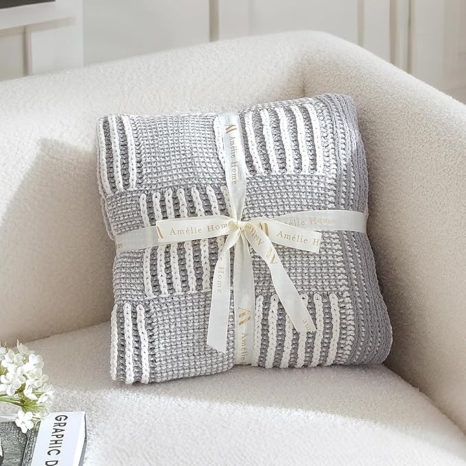 Amélie Home Chenille Knit Throw Blanket for Couch, Checkered Texture Decorative Soft Blanket for Sofa, Bed & Living Room, 50"x60", Grey & White-Ruum Studio Home