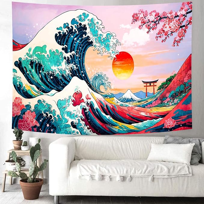 Delur Great Wave Tapestry Japanese Sunset Ocean Sea Wave Off Kanagawa Tapestry Wall Hanging Vintage Asian Anime Cherry Blossom Nature Headboard for Bedroom Living Room Home Decor (51.2" x 59.1")-Ruum Studio Home