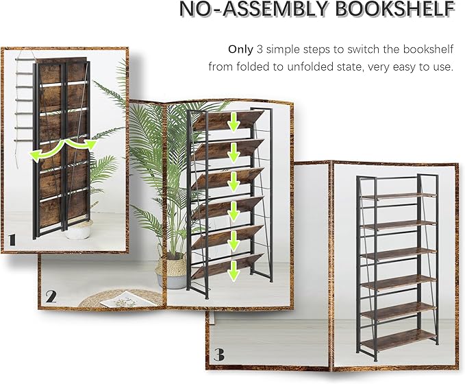 4NM No Assembly Foldable Bookshelf, 6-Shelf Collapsible Bookcase Storage for Small Spaces, 74" H, Rustic Brown and Black-Ruum Studio Home