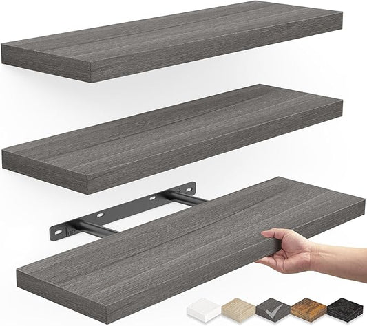 BAYKA Floating Shelves for Wall, Wall Mounted Rustic Wood Shelves for Bathroom, Bedroom, Living Room, Kitchen,Small Hanging Shelf for Books/Storage/Room Decor (Grey, Set of 3, 15.7in)-Ruum Studio Home