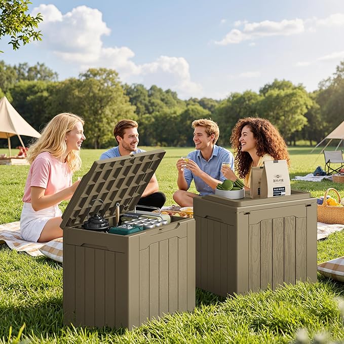 JUMMICO 31 Gallon Resin Deck Box Waterproof Indoor Outdoor Storage Boxes for Patio Furniture Cushions and Garden Tools (Light Brown, 31gallon-2 Packs)-Ruum Studio Home