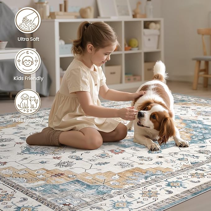 Washable Area Rugs for Living Room - 5x7 Neutral Vintage Distressed Floral Farmhouse Boho Large Soft Floor Rug Indoor Non Slip Carpet for Living Room Bedroom Dining Room Office - Blue/Yellow/Beige-Ruum Studio Home