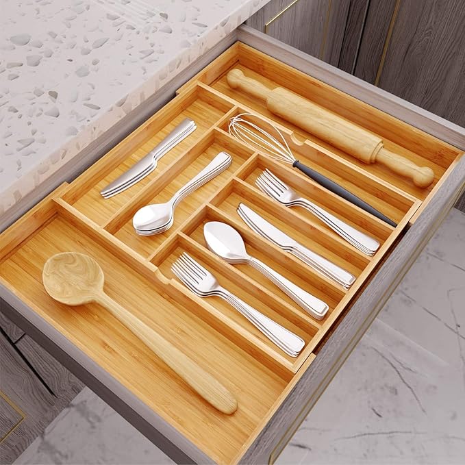 BAMEOS drawer organizer flatware organizer cutlery tray silverware organizer expandable adjustable bamboo drawer organizer kitchen bathroom-Ruum Studio Home