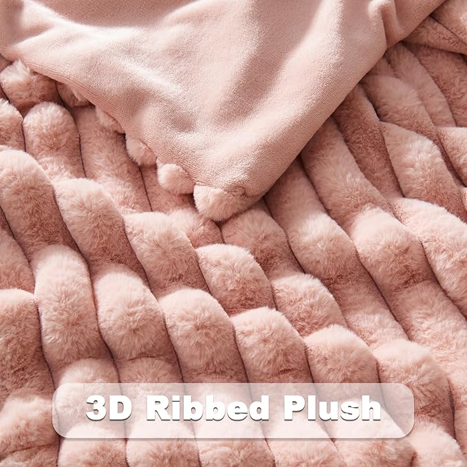NEWCOSPLAY Faux Fur Throw Blanket Pink 3D Ribbed Plush Thick Warm Blanket for Couch Sofa Bed 850GSM (Pink Ribbed, Throw(50"x60"))-Ruum Studio Home