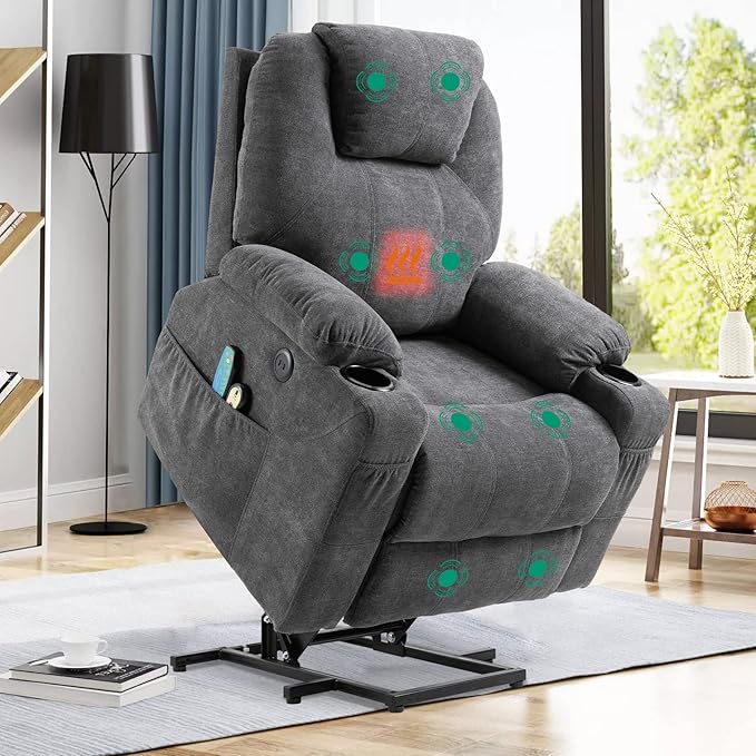 VIVIJASON Power Lift Chair Electric Recliner for Elderly Heated Vibration Massage Fabric Recliner Chair with 2 Remote Controls, Cup Holders, Side Pockets & USB Ports for Living Room (Grey)-Ruum Studio Home