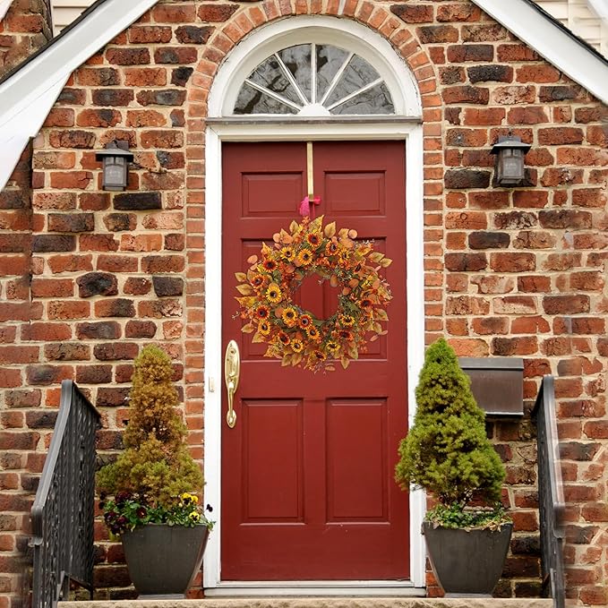 22 inch Artificial Fall Wreaths for Front Door,Autumn Wreath with Eucalyptus Leaves and Chrysanthemum Suitable for Indoor Outdoor Harvest Festival Thanksgiving Day Farmhouse Holiday Decor.-Ruum Studio Home