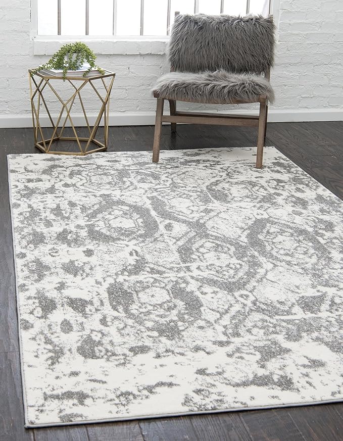 Unique Loom Rosso Collection Vintage, Geometric, Bohemian, Traditional, Distressed, Southwestern Area Rug, Rectangular 5' 0" x 8' 0", Light Gray/Ivory-Ruum Studio Home