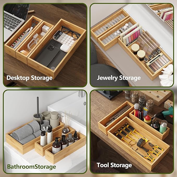 BAMEOS 3-Piece Bamboo Drawer Organizer, Utensil Organizer for Drawer, Junk Drawer Organizer for Kitchen Bathroom, Dressing Room, Office, Pantry (Natural)-Ruum Studio Home