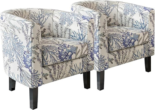 BELLEZE Living Room Chairs Set of 2, Linen Round Accent Barrel Chairs, Club Tub Sofa Chairs for Bedroom, Corner Chairs with Flared Legs and Cozy Soft Padding - Highland (Blue Coral)-Ruum Studio Home