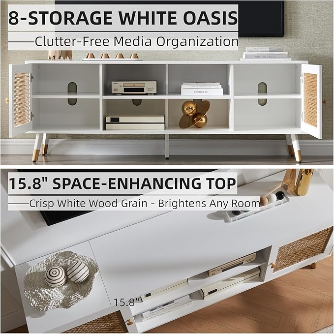 JYED Mid Century Modern TV Stand and Console for TVs Up to 75" - White Entertainment Center, 2 Gold Metal Mesh Doors & MDF Wood Grain, 15.8" D x 66" W x 23.5" H-Ruum Studio Home