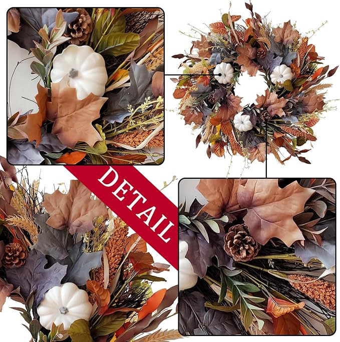 WANNA-CUL 24 Inch Fall Wreath for Front Door with White Pumpkins,Grains, Maple Leaves-Fall Decoration for Home-Large Fall Decor Door Wreath for Autumn,Harvest or Halloween-Ruum Studio Home