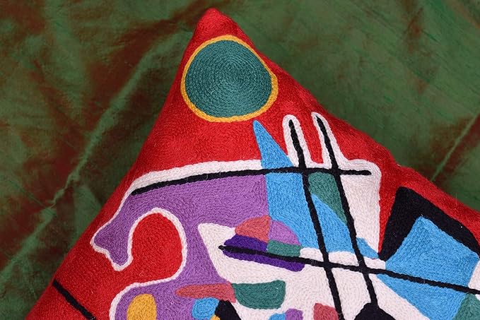 Kandinsky Modern Couch Pillow Cover - Red Painting | Abstract Toss Pillow | Modern Chair Cushion| Contemporary Pillow | Mid Century Chair Cushion | Hand Embroidered Pillow | Wool Size 18x18-Ruum Studio Home