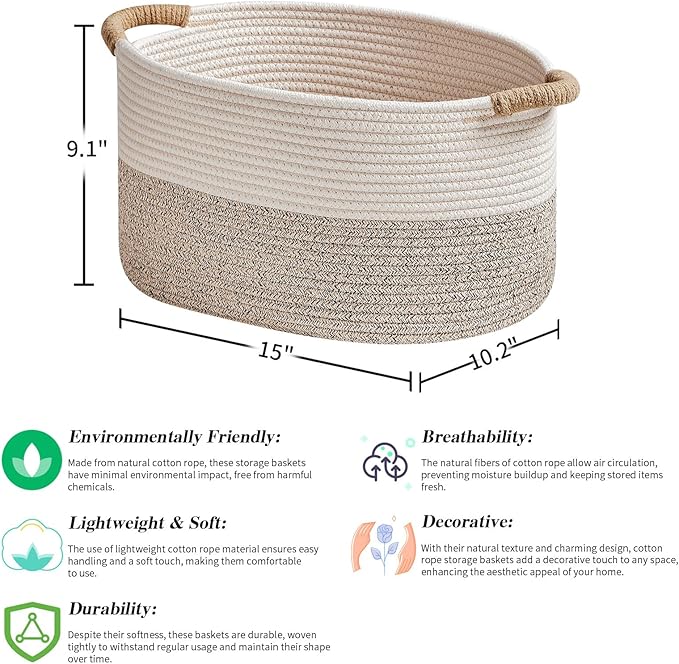 Storage Baskets for Organizing | 15"x10.2"x9.1" - 1 Pack Nursery Bin with Handles - Woven Cotton Rope Baskets for Dog Toys, Books, Shelf, Bathroom,Closet -Stylish Storage | White & Beige-Ruum Studio Home
