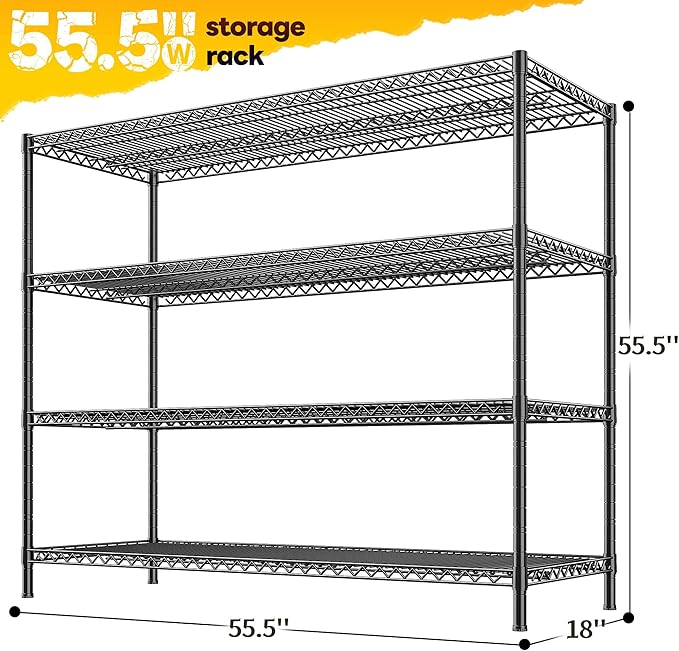 REIBII 2560LBS Storage Shelves 55.5"W Metal Shelving Unit 4 Tier Wire Shelving Commercial Adjustable Garage Shelving Heavy Duty for Storage Rack for Pantry, Garage, Kitchen, 55.5"W x 18"D x 55.5"H-Ruum Studio Home