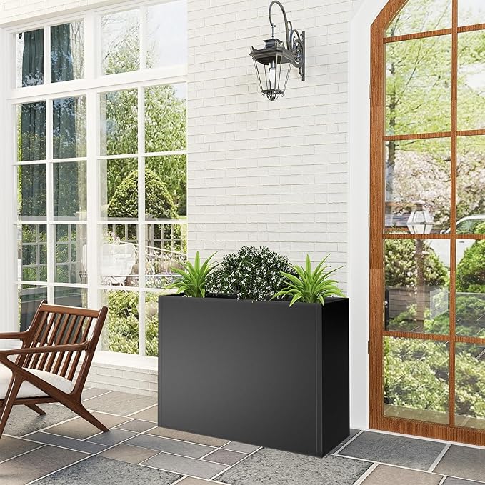 Tall Metal Cube Planter for Outdoor Plants 36" L x 12" W x 26" H, Heavy Duty Steel Large Planter Box with Removable Insert Shelf, Modern Décor for Tall Plants, Trees, Flowers (Black)-Ruum Studio Home