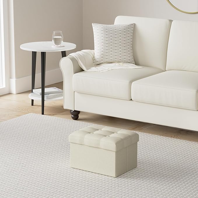 LINMAGCO Ottoman Storage Ottoman with Storage Small Foot Rest Stool Under Desk Stool Short Folding Footrest Linen Cloth Beigh 16X12X12IN-Ruum Studio Home