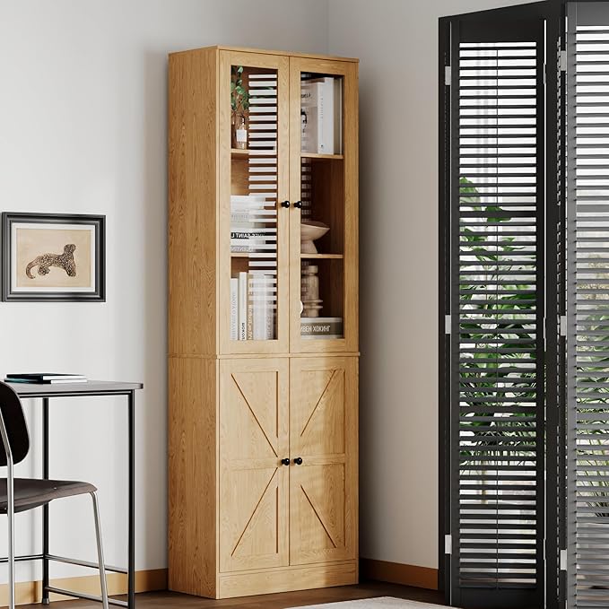 Bookcase with Doors, Tall Cabinets Storage Shelves, 5 Tier Bookshelf with Storage Cabinet, Light Wood Rustic Display Shelf Home Decor Furniture for Office, Living Room, Bedroom, Kitchen, Dining Room-Ruum Studio Home