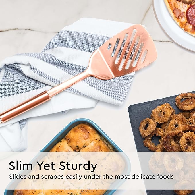 Copper Cooking Utensils Set – 5-Piece Rose Gold Stainless Steel Kitchen Tools for Cooking and Serving Includes Ladle, Spoon, Pasta Fork, Spatula, and Skimmer – Stylish Copper Kitchen Accessories-Ruum Studio Home