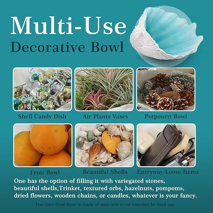 Large Turquoise-Aqua blue Sea Shells Decorative Bowl Resin Clam Shell Bowl Beach Decorations for Home Coastal Beach Decor Decoration Storage Bowls & Home Office Nautical Themed Party Decor -10.2-1PC-Ruum Studio Home