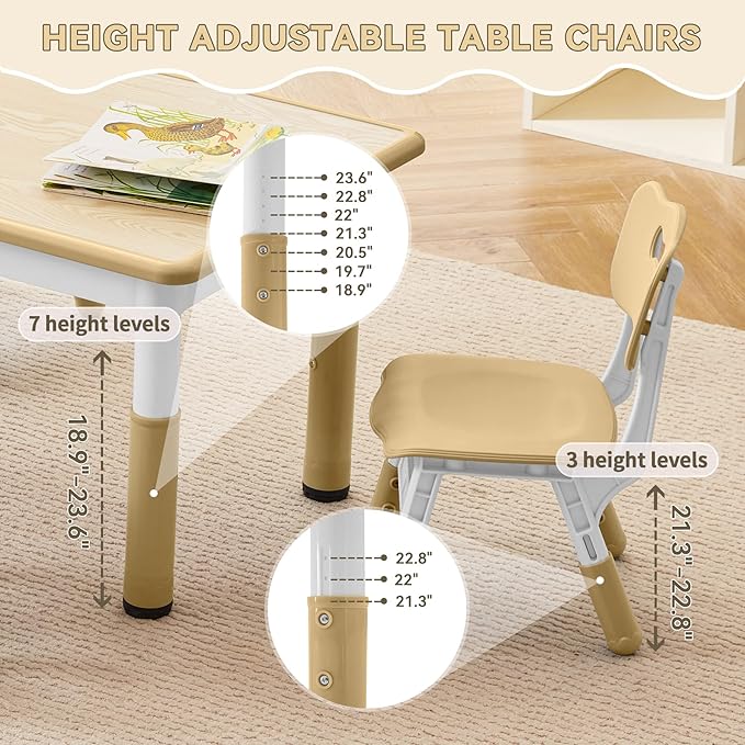 Kids Study Table and Chairs Set, Height Adjustable Toddler Table and Chair Set for Kids Ages 3-8, Graffiti Desktop (Wooden Brown)-Ruum Studio Home