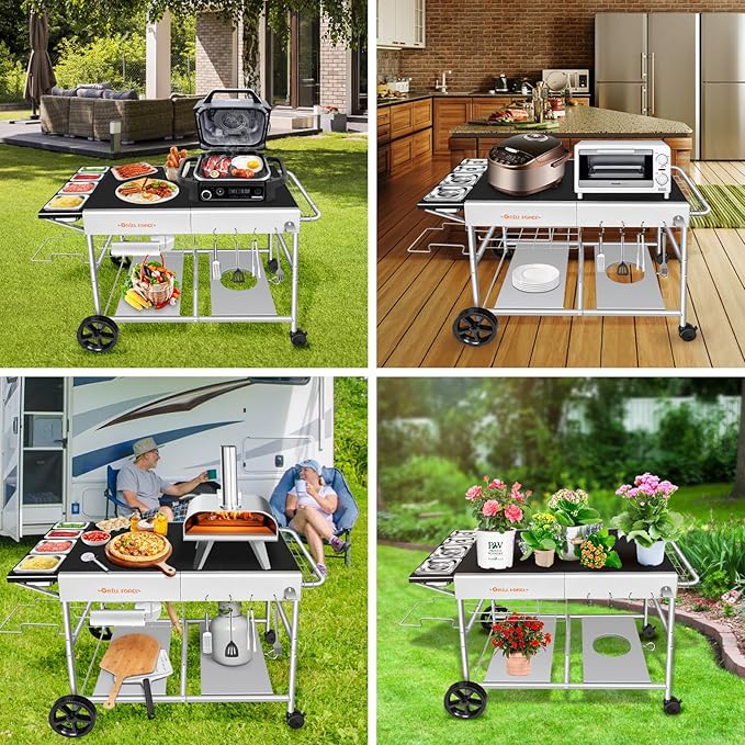 Pizza Oven Table with Topping Station, Outdoor Pizza Oven Cart, Grill Table for Outside, Grill Cart, Food Prep Work cart Fits for Ninja Woodfire Grill, Blackstone Griddle,Tabletop Grill-Ruum Studio Home
