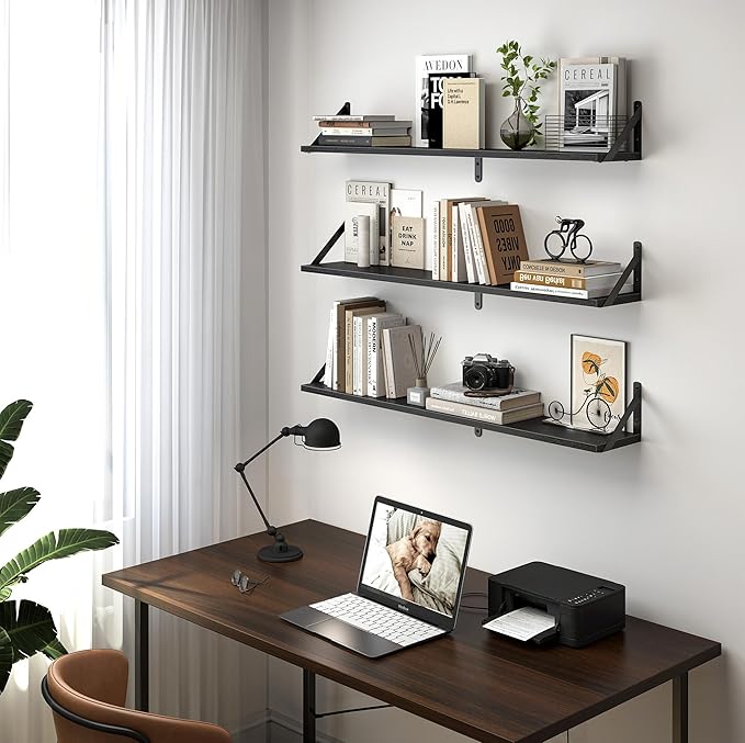 Heimlove Floating Shelves for Wall, 36 Inch Long Wood Floating Bookshelf Set of 3, Wall Mounted Hanging Shelf for Bathroom Bedroom Kitchen, Black-Ruum Studio Home