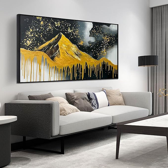 Gold Mountains Painted Wall Art for Living Room - Hand Painted Abstract Wall Art for Office - Black Framed Wall Art for Bedroom Size 29" x 59"-Ruum Studio Home