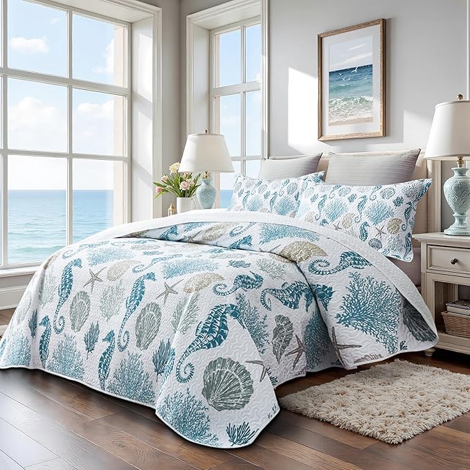 Coastal Bedding California King Size Coastal Quilt with 2 Shams, Nautical Beach Comforter Sets Ocean Bedspreads Blue Seahorse Coverlet Summer Bedding, 106''x118''-Ruum Studio Home
