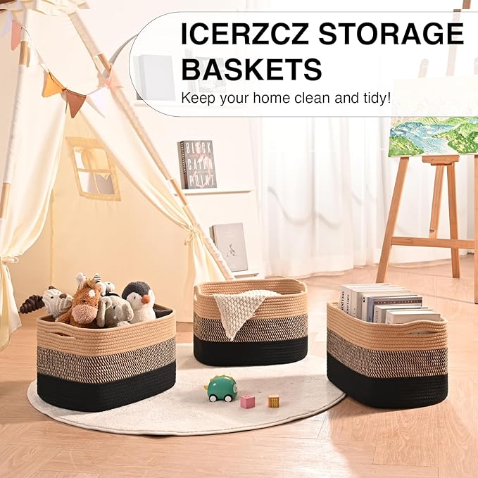 Storage Baskets for Organizing Shelves, Decorative Baskets for Storage, Woven Cotton Rope Basket for Living Room Bedroom Nursery, 15"x11"x9.5", 3 Packs, Gradient Black & Jute-Ruum Studio Home