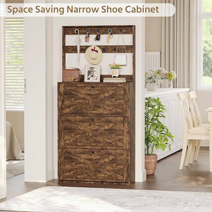 Shoe Cabinet Set 2 with 3 Flip Drawers, Narrow Shoe Cabinet with 9 Hooks Coat Rack, Freestanding Shoes Storage Cabinets with Adjustable Shelves for Entryway, Hallway, Living Room, Rustic Brown-Ruum Studio Home