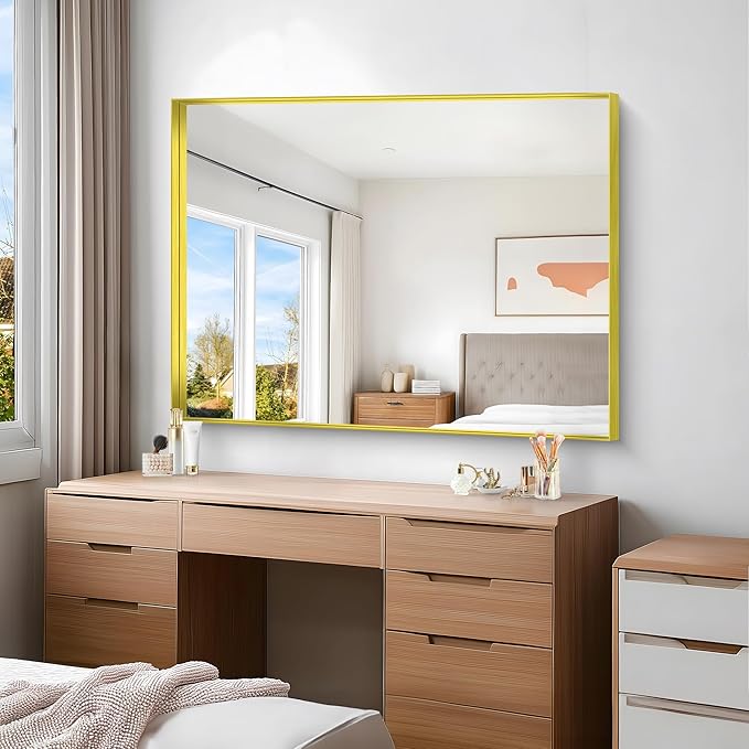 Gold Bathroom Mirror, 36x48 Inch Rectangular Framed Mirror, Large Wall Mounted Bathroom Vanity Mirror Over Sink for Bedroom,Restroom, Living Room, Hangs Vertically or Horizontally-Ruum Studio Home