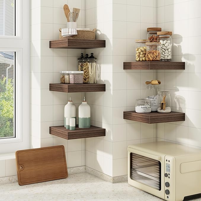 fuqing Floating Shelves for Wall, Bathroom Shelf Wall Mounted for Storage, Shelves with Invisible Bracket for Bedroom, Kitchen, Living Room, Farmhouse Small Book Shelf, 6.5 Inch Set of 3, Walnut-Ruum Studio Home